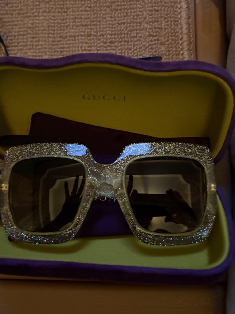 Gucci Glitter Silver Square Sunglasses with Gold Logos